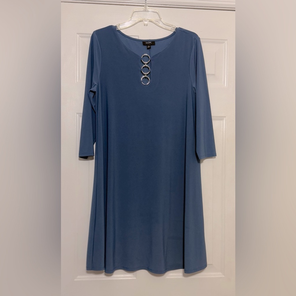 MSK Navy Blue 3/4 Length Sleeve Swing Dress W/ Sulver Hoops. Size Large